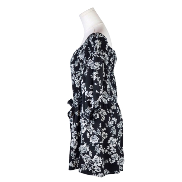 Premier Amour Black White Floral Smocked Romper Size 16 Puff Sleeve Off Shoulder - Picture 6 of 12